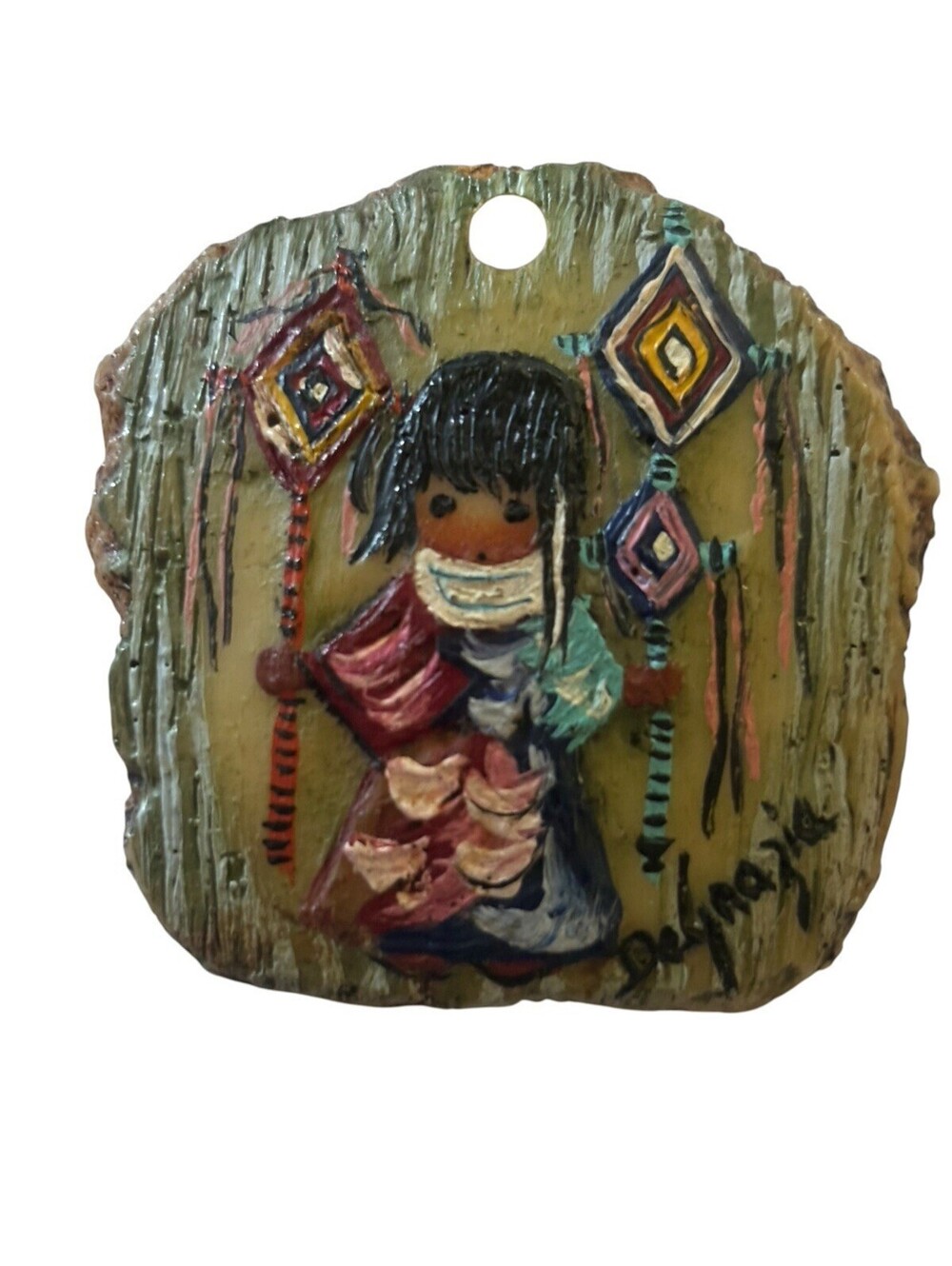 Vintage DeGrazia Hand Painted Pendant For Necklace Native American Indian Girl